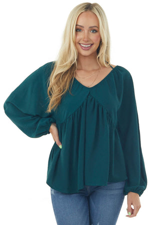 Pine V Neck Babydoll Puff Sleeve Flowy Top