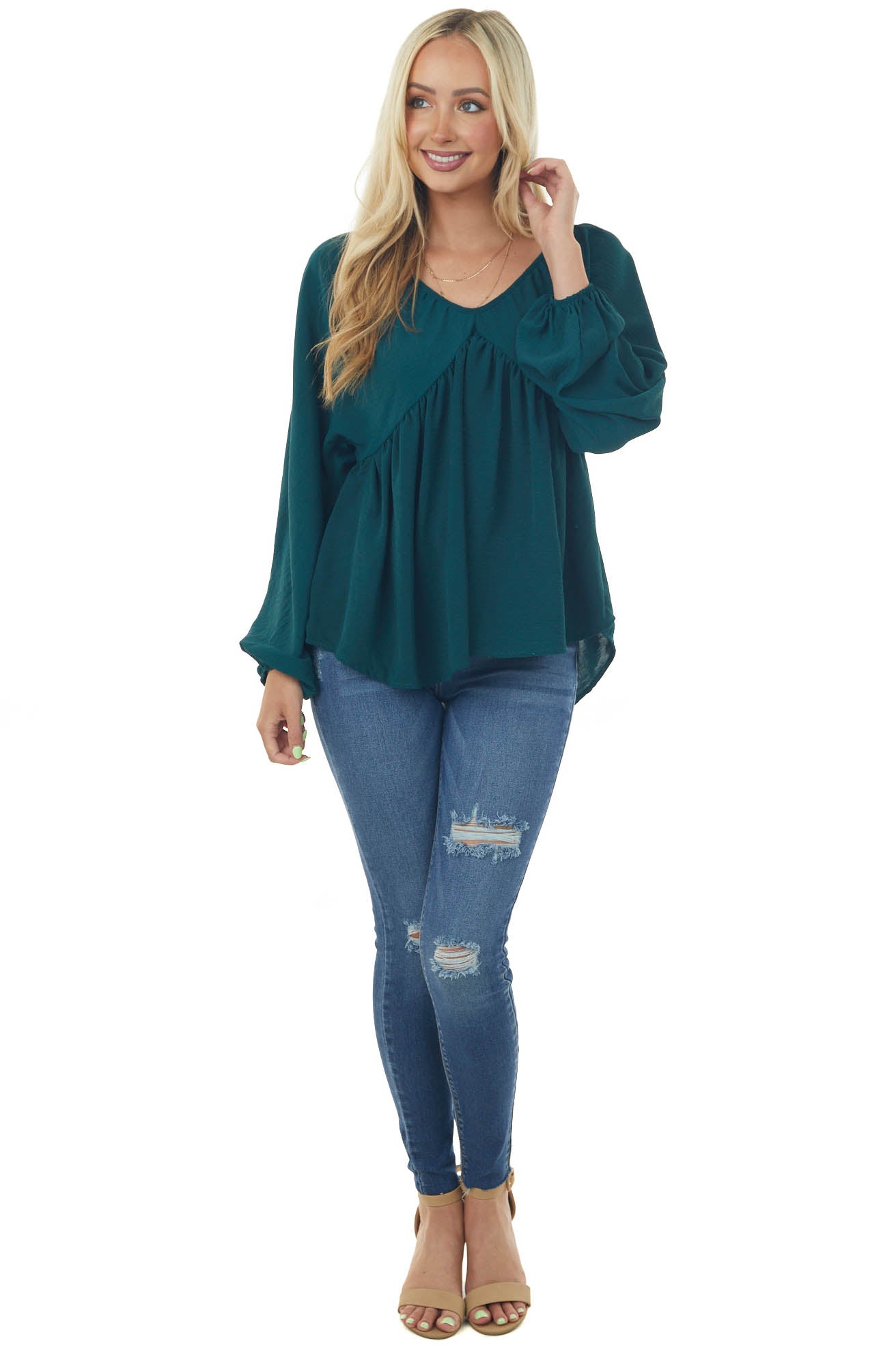 Pine V Neck Babydoll Puff Sleeve Flowy Top