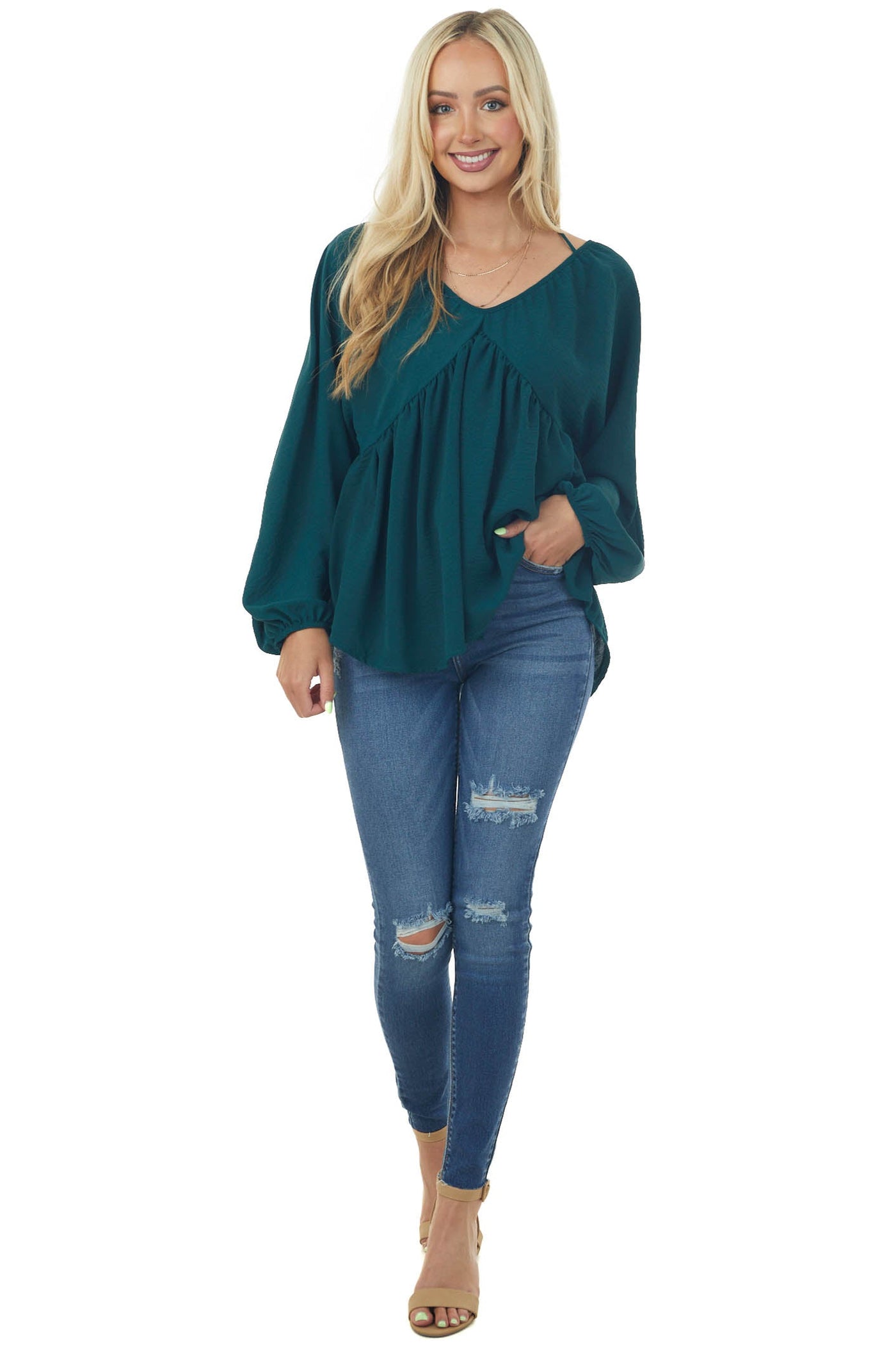 Pine V Neck Babydoll Puff Sleeve Flowy Top