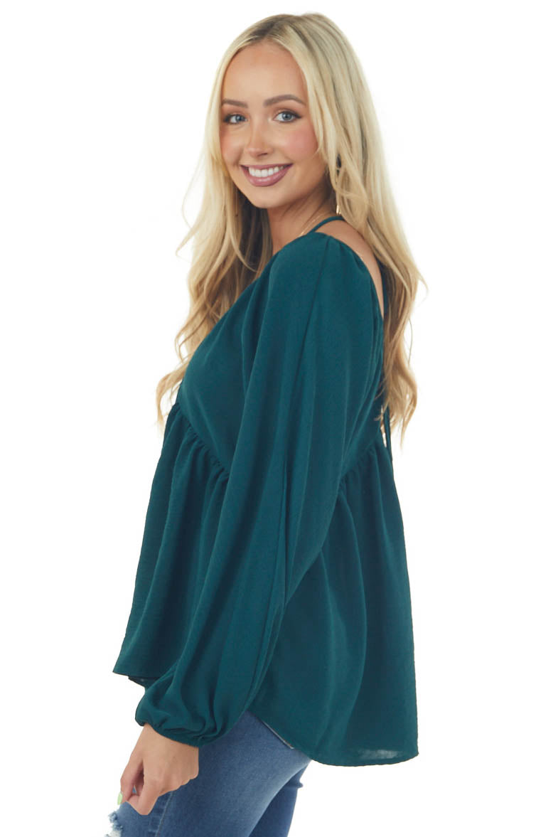 Pine V Neck Babydoll Puff Sleeve Flowy Top