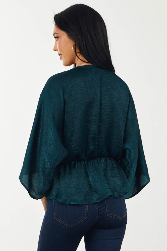 Pine V Neck Satin Kimono Sleeve Peplum Top