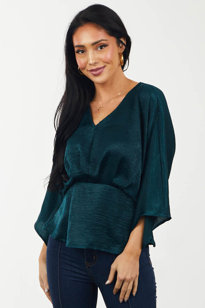 Pine V Neck Satin Kimono Sleeve Peplum Top