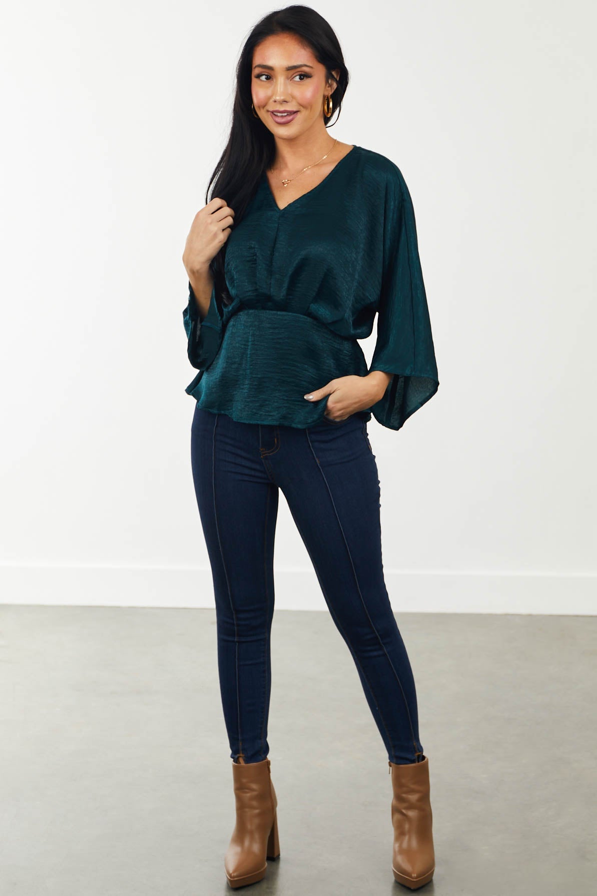 Pine V Neck Satin Kimono Sleeve Peplum Top