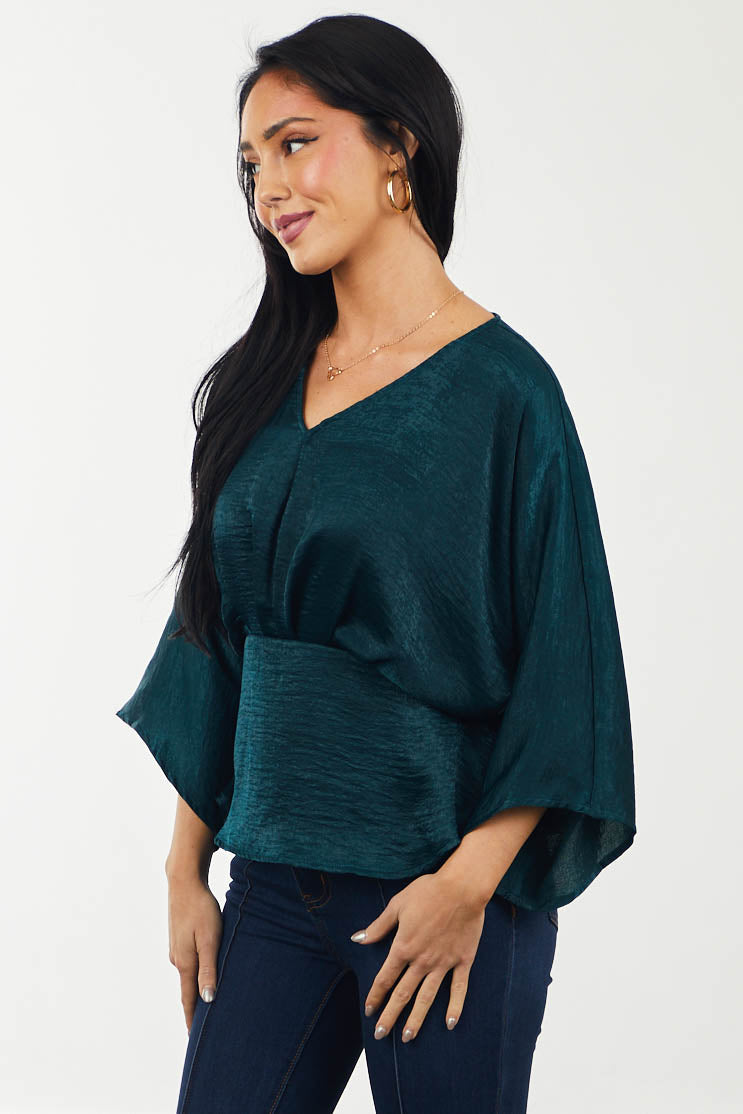 Pine V Neck Satin Kimono Sleeve Peplum Top