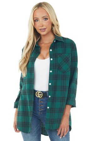 Pine and Black Plaid Longline Button Flannel