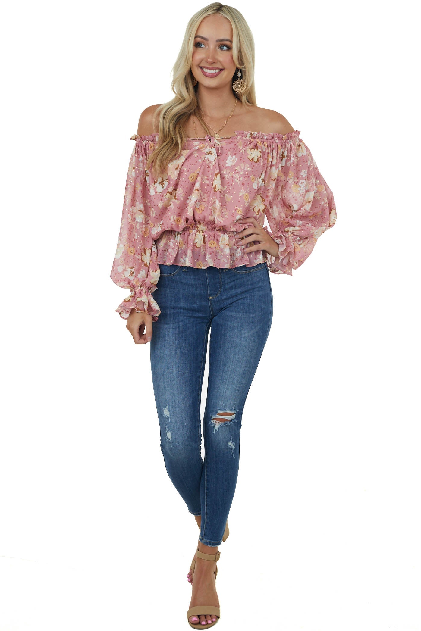 Pink Sherbet Floral Print Off Shoulder Blouse