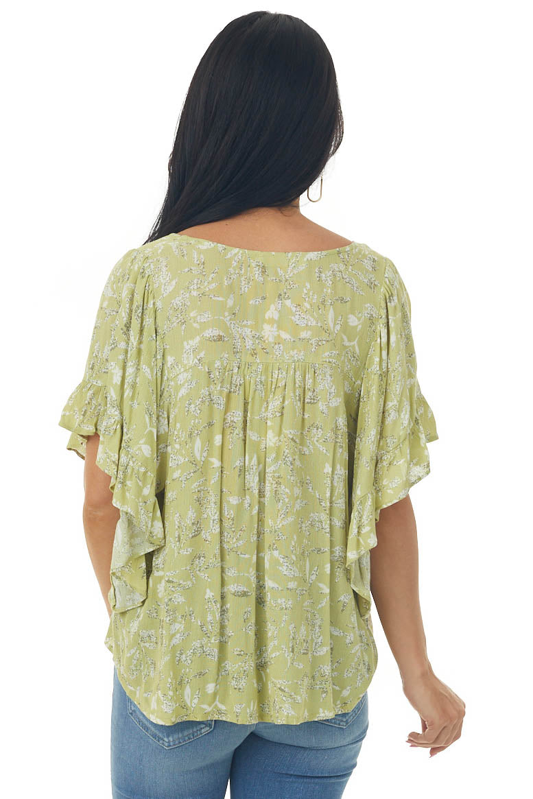 Pistachio Floral Short Angel Sleeve Blouse