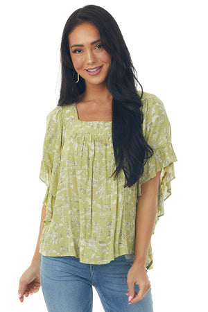 Pistachio Floral Short Angel Sleeve Blouse