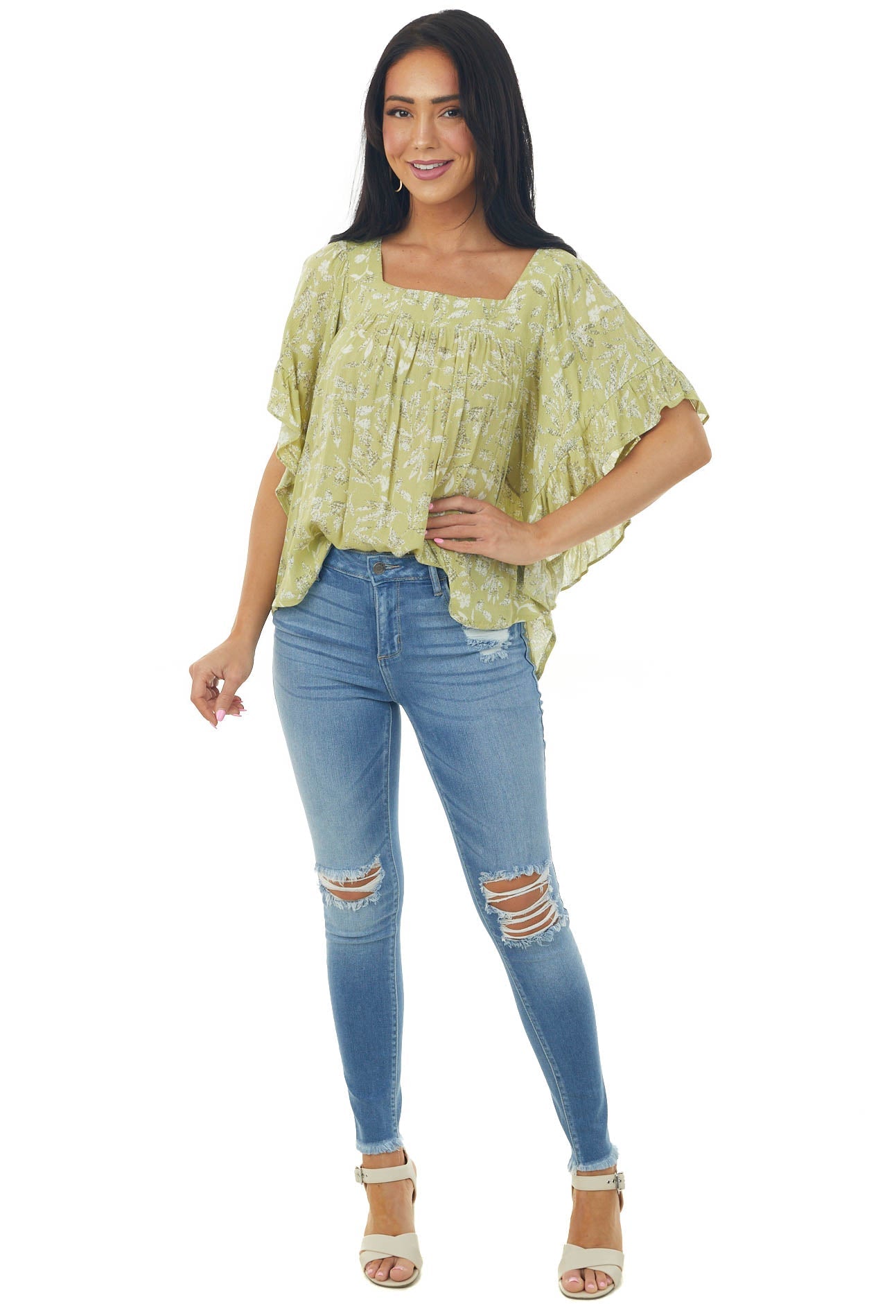 Pistachio Floral Short Angel Sleeve Blouse