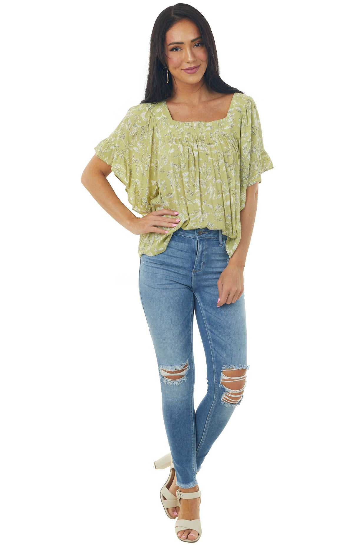 Pistachio Floral Short Angel Sleeve Blouse