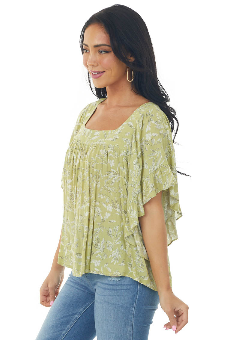 Pistachio Floral Short Angel Sleeve Blouse