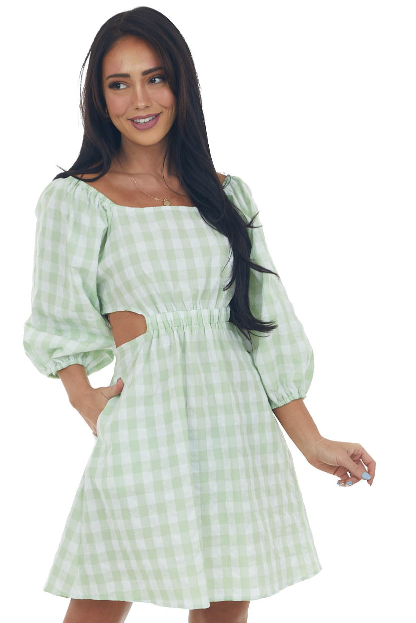 Pistachio Gingham Cut Out Puff Sleeve Dress