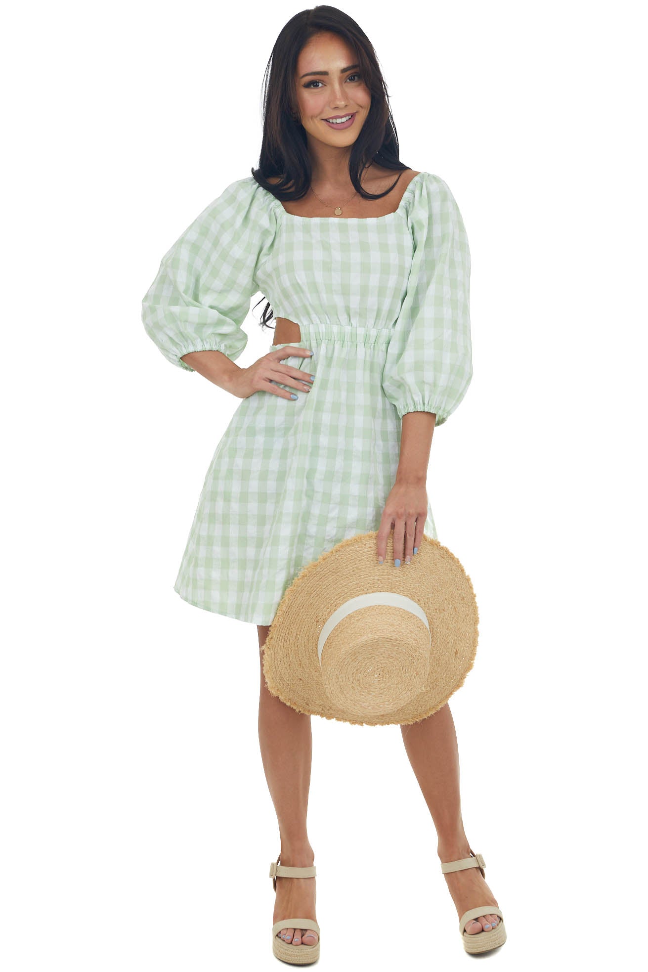 Pistachio Gingham Cut Out Puff Sleeve Dress