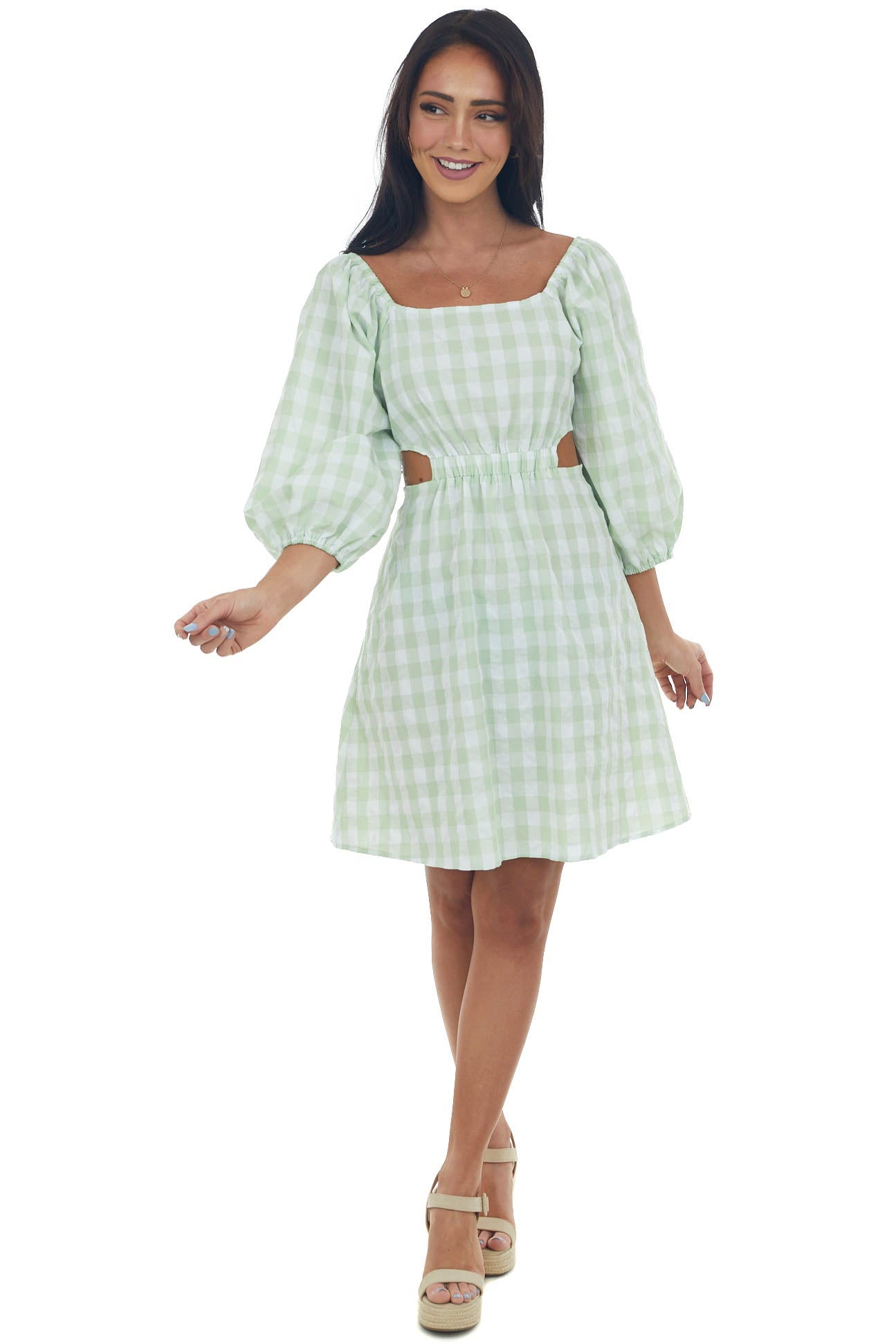 Pistachio Gingham Cut Out Puff Sleeve Dress