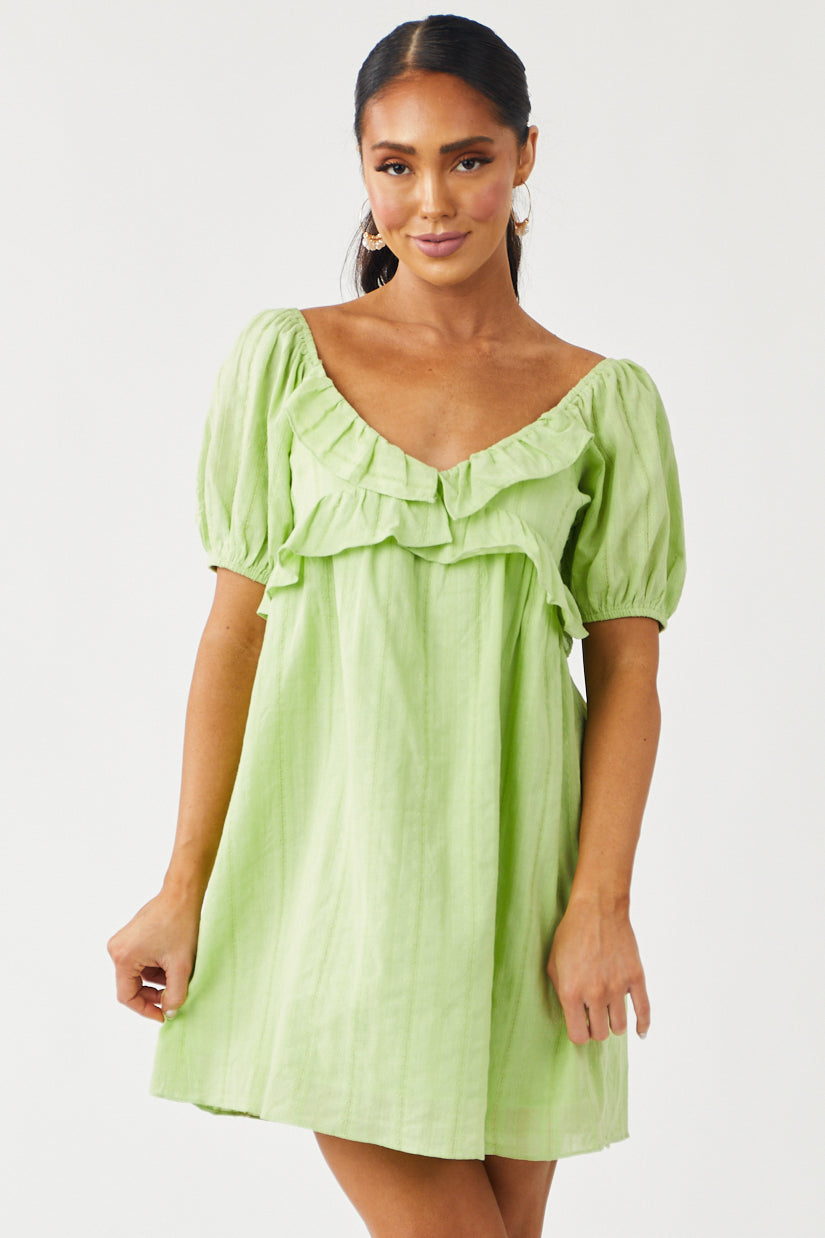 Pistachio Short Puff Sleeve Ruffle Trim Mini Dress