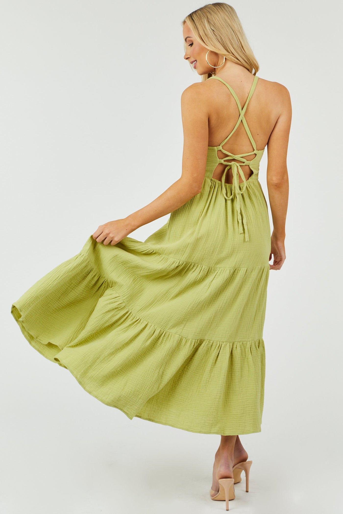 Pistachio Sleeveless Scoop Neck Tiered Maxi Dress