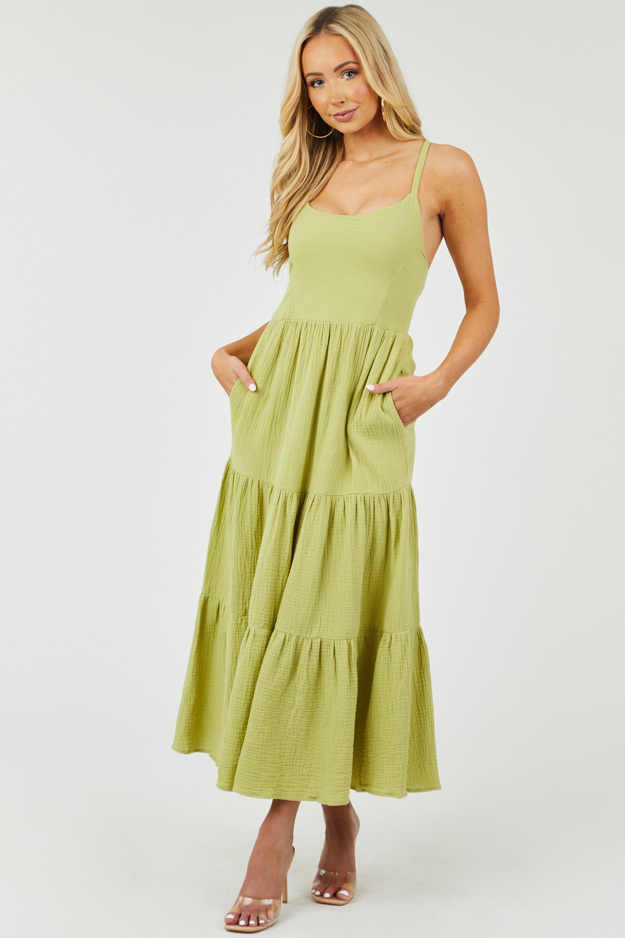 Pistachio Sleeveless Scoop Neck Tiered Maxi Dress