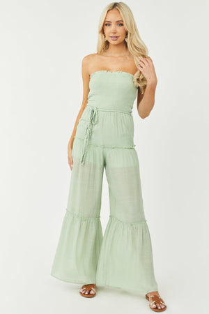 Pistachio Strapless Smocked Jumpsuit with Tie Detail