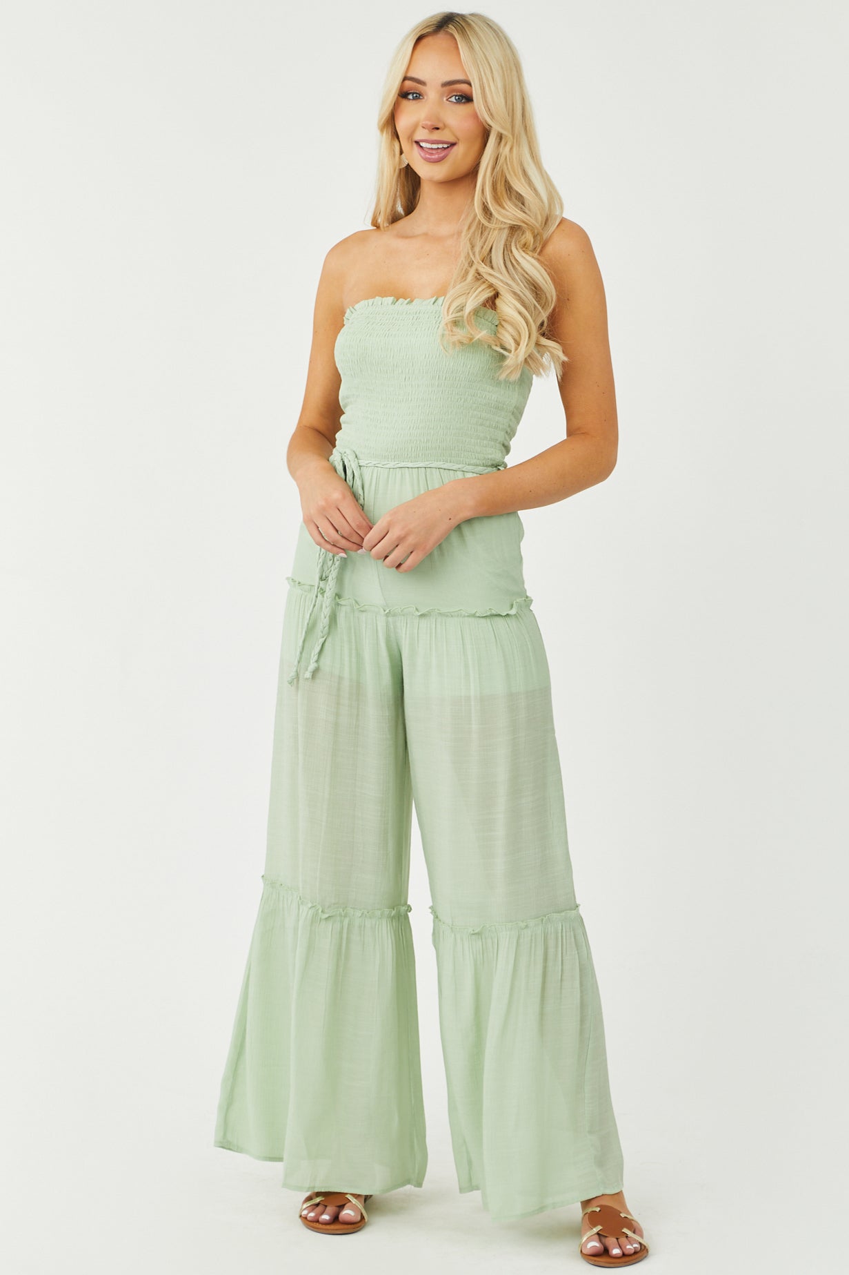 Pistachio Strapless Smocked Jumpsuit with Tie Detail