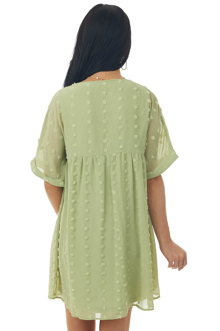 Pistachio Swiss Dot Babydoll Cuff Sleeve Dress