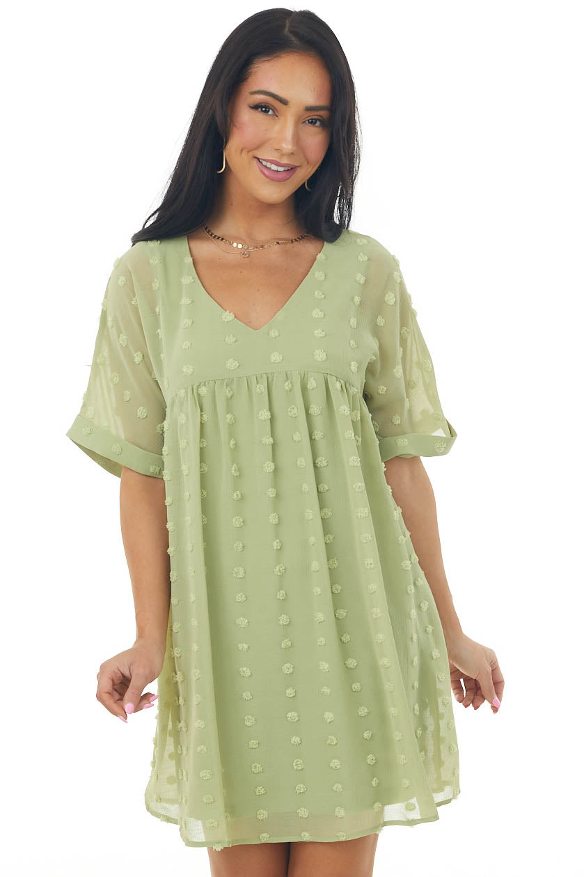 Pistachio Swiss Dot Babydoll Cuff Sleeve Dress