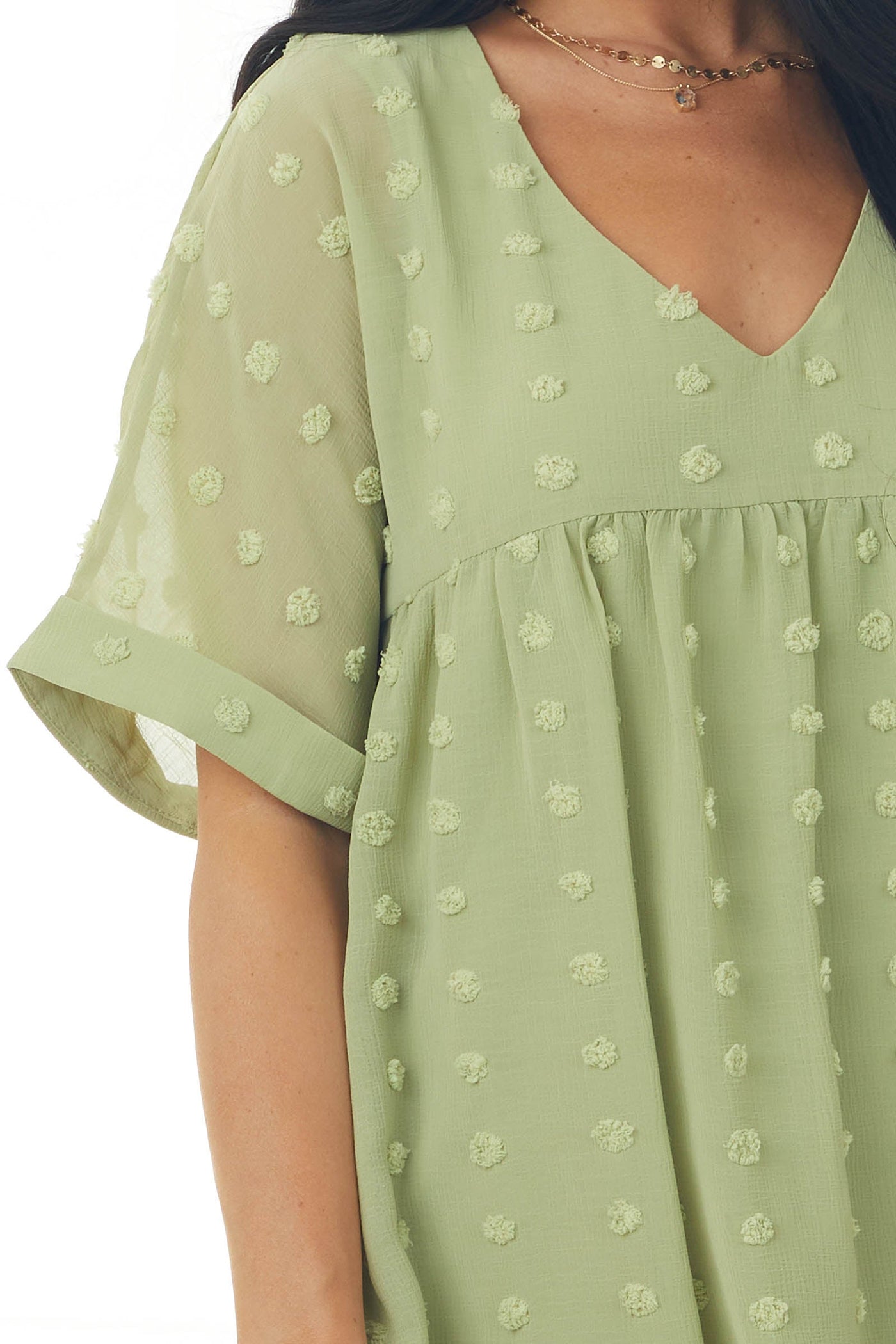 Pistachio Swiss Dot Babydoll Cuff Sleeve Dress