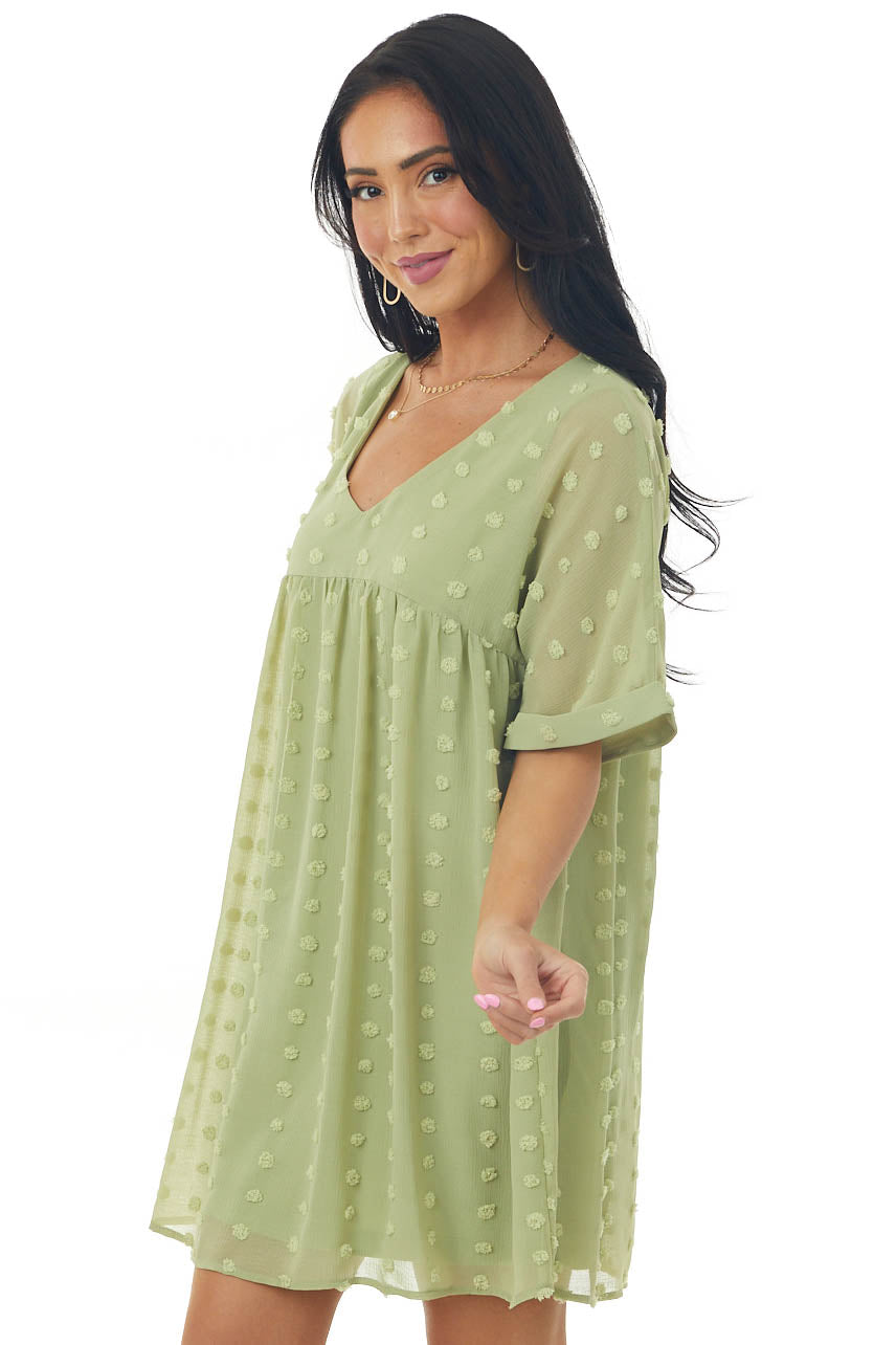 Pistachio Swiss Dot Babydoll Cuff Sleeve Dress