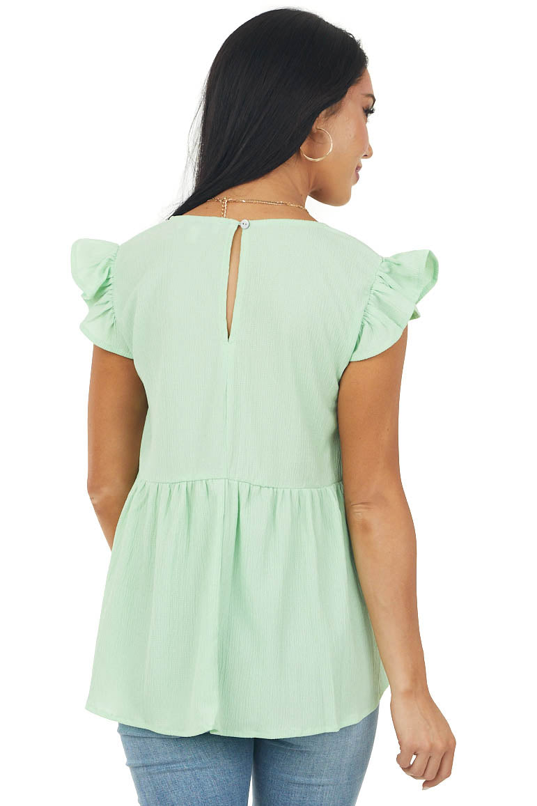 Pistachio Textured Babydoll Ruffle Sleeve Top