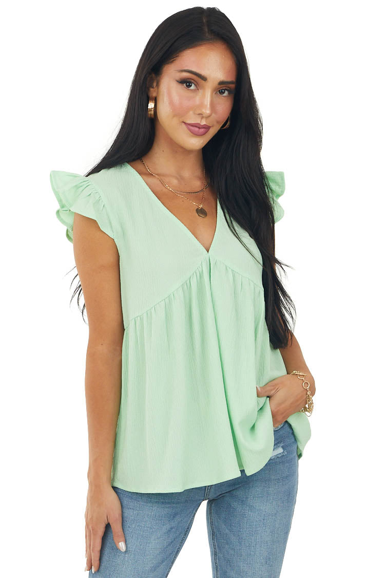 Pistachio Textured Babydoll Ruffle Sleeve Top