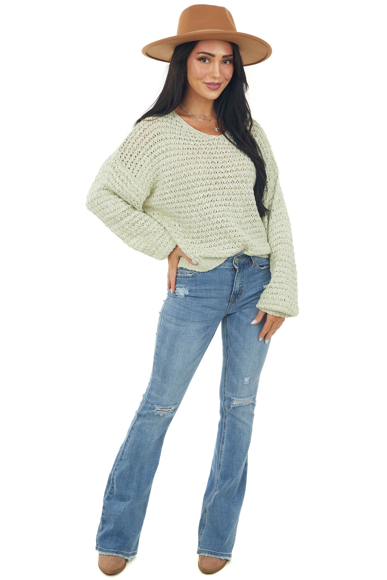 Pistachio Two Tone Loose Knit Sweater with Bubble Sleeves