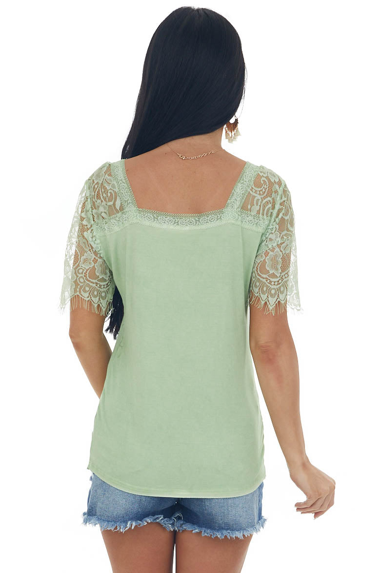 Pistachio V Neck Short Sleeve Top with Lace Detail