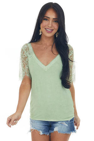 Pistachio V Neck Short Sleeve Top with Lace Detail