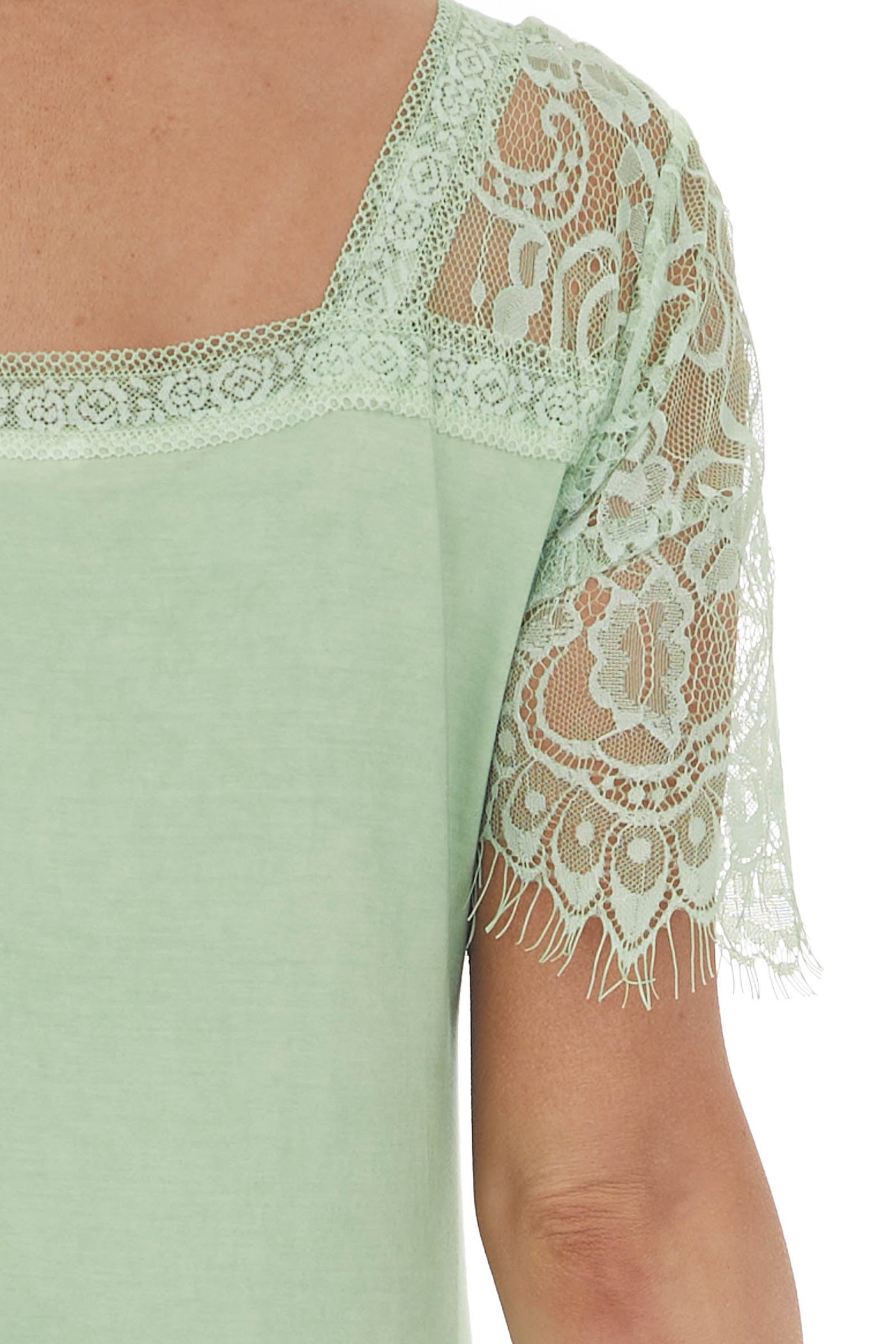 Pistachio V Neck Short Sleeve Top with Lace Detail