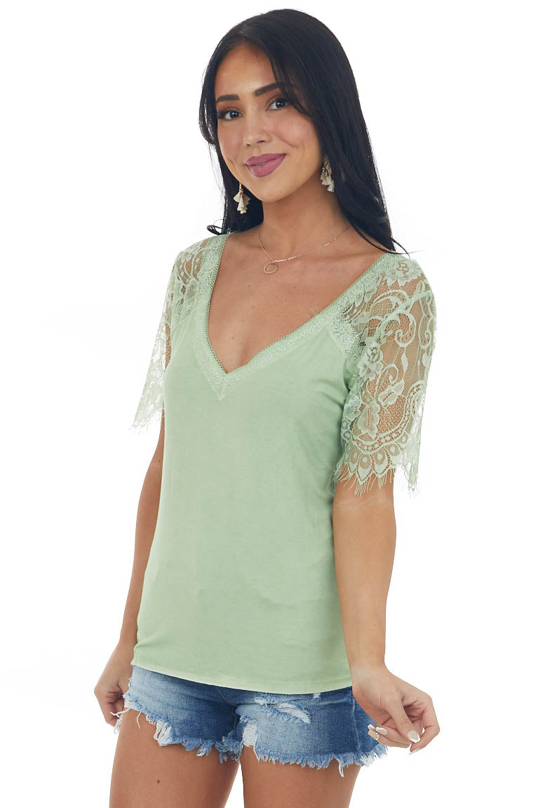 Pistachio V Neck Short Sleeve Top with Lace Detail