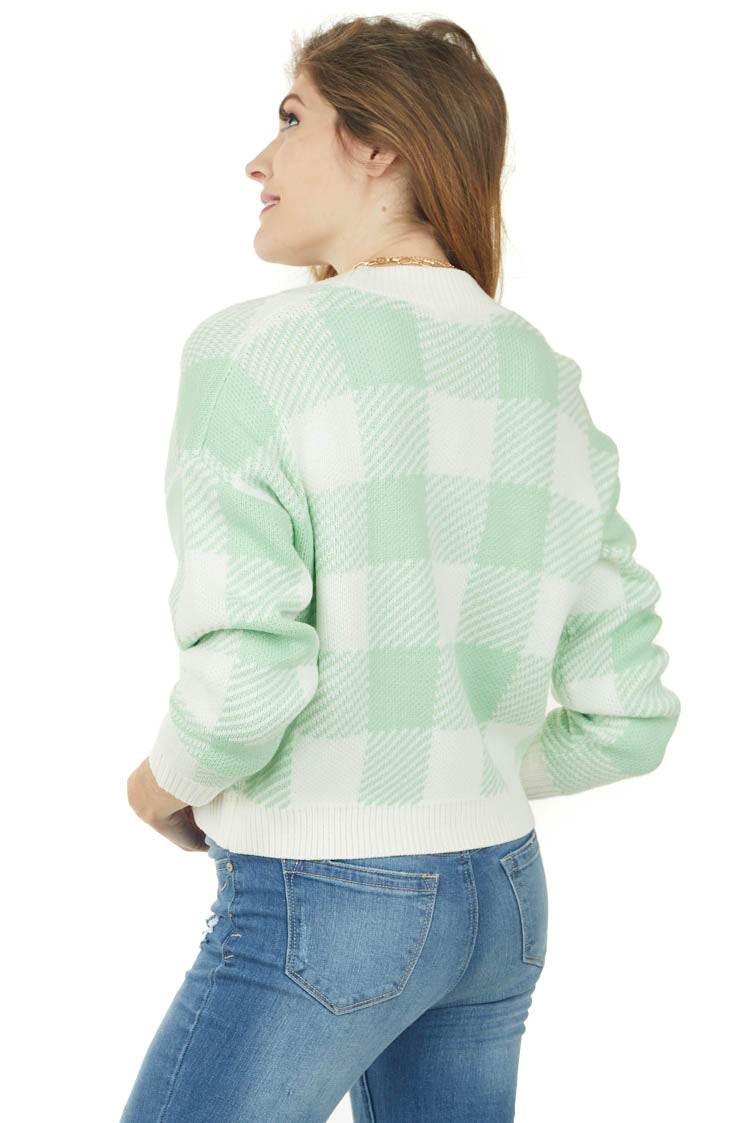 Pistachio and Ivory Checkered Button Up Cardigan