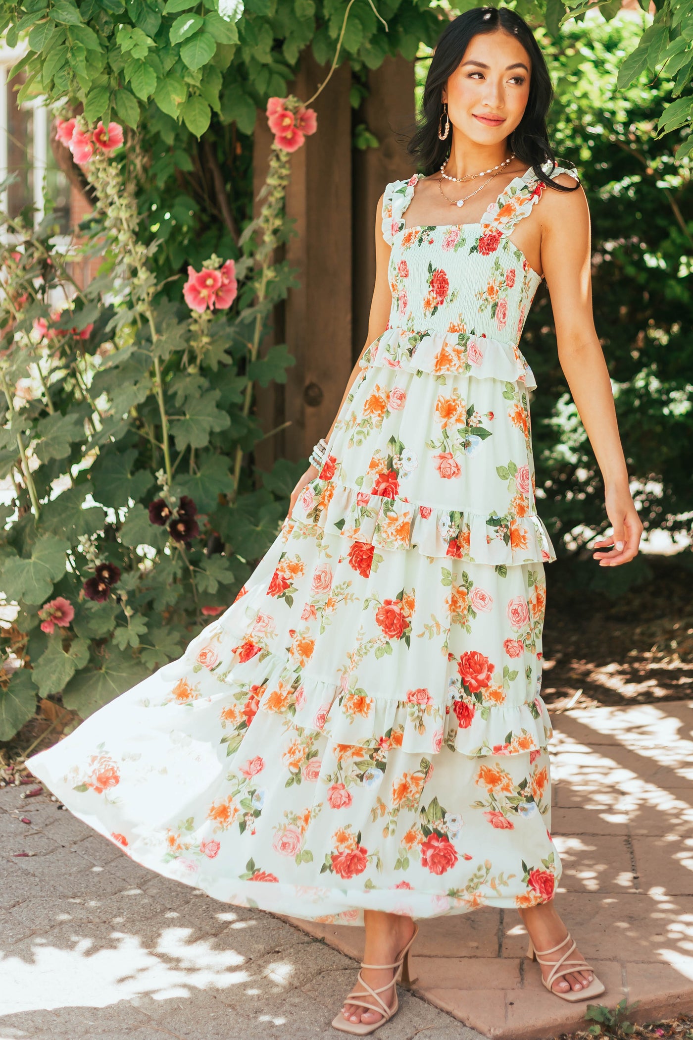 Pistachio Floral Print Ruffle Tiered Maxi Dress