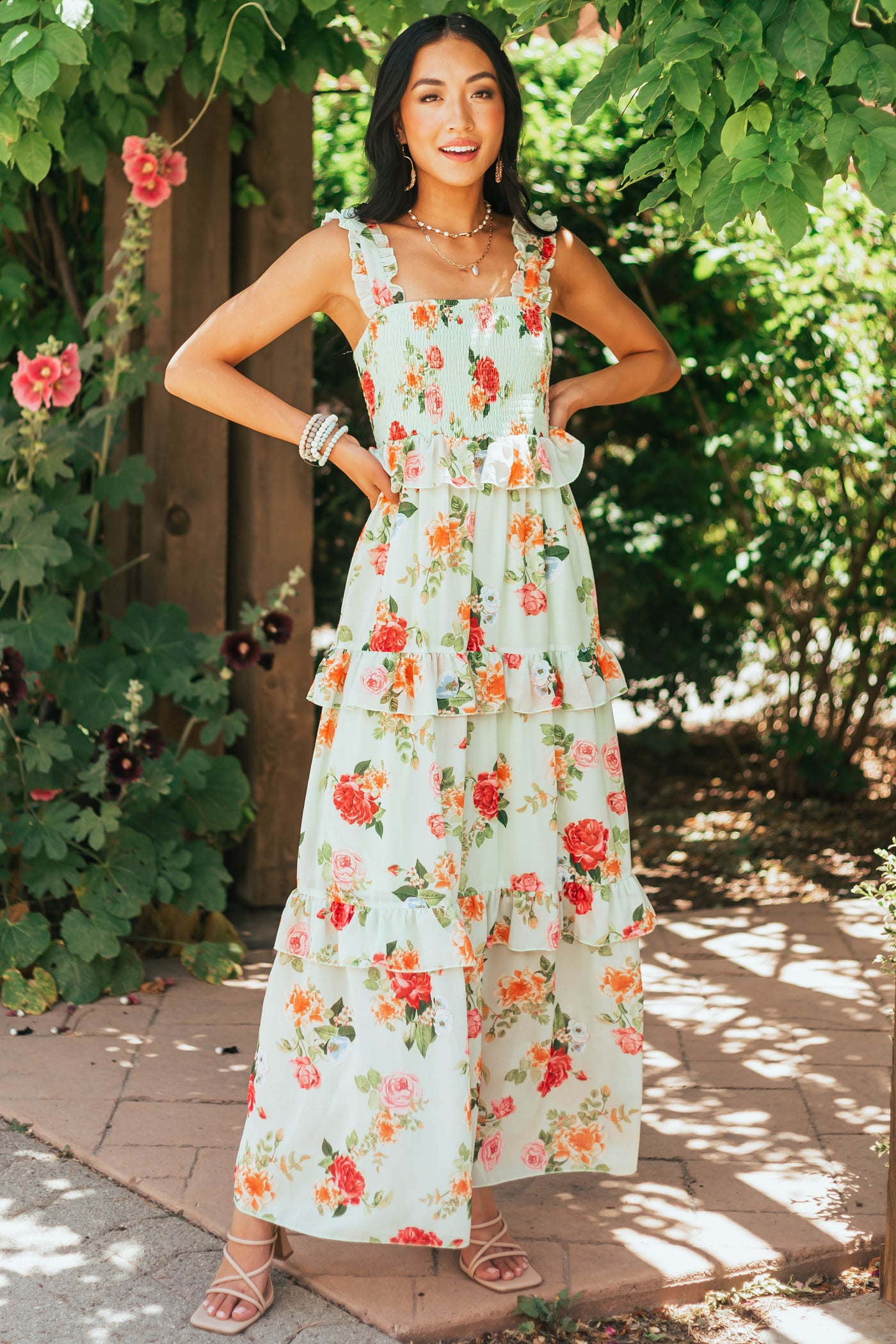 Pistachio Floral Print Ruffle Tiered Maxi Dress