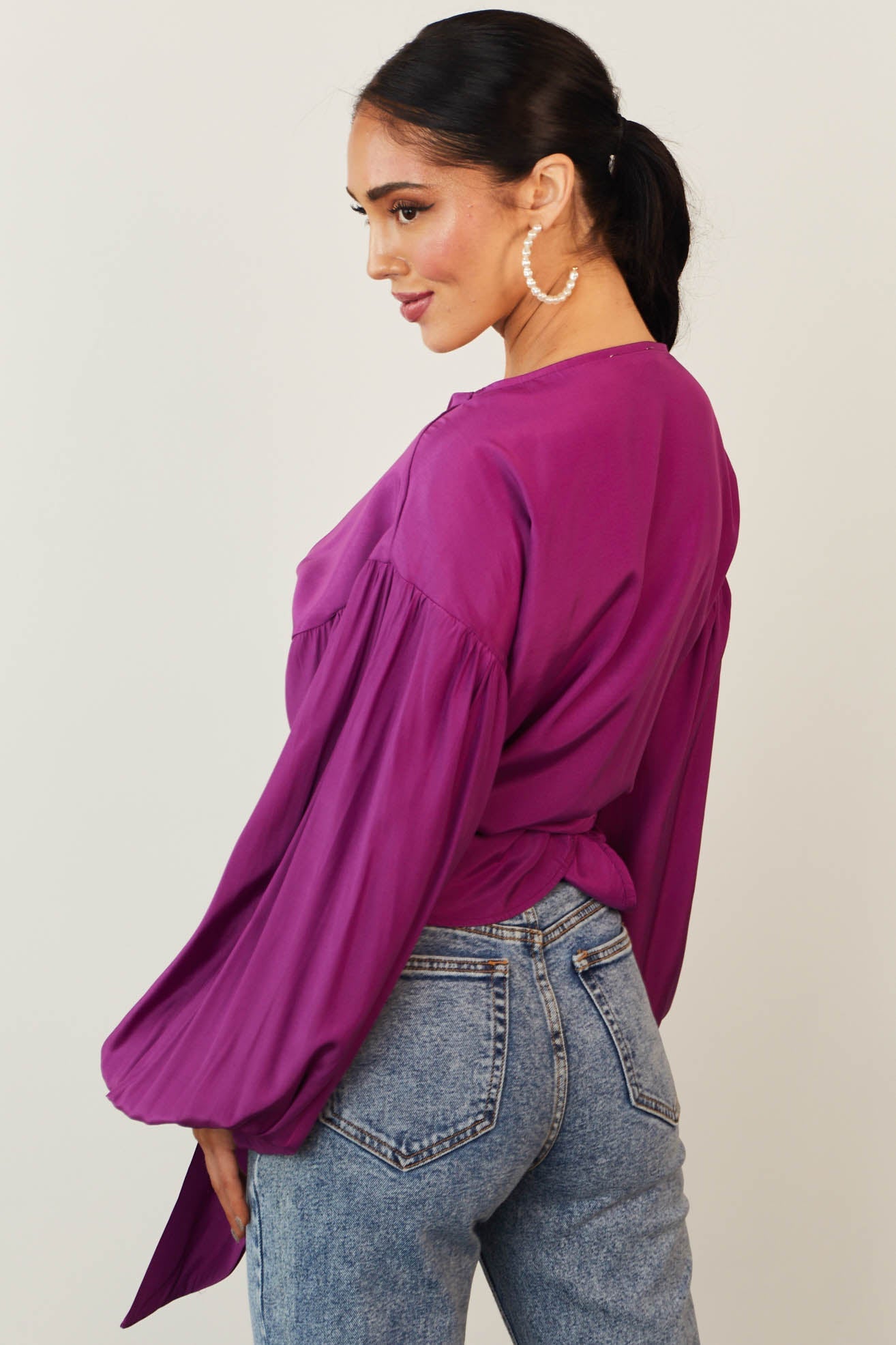 Plum Long Sleeve Wrap Tie Surplice Woven Top