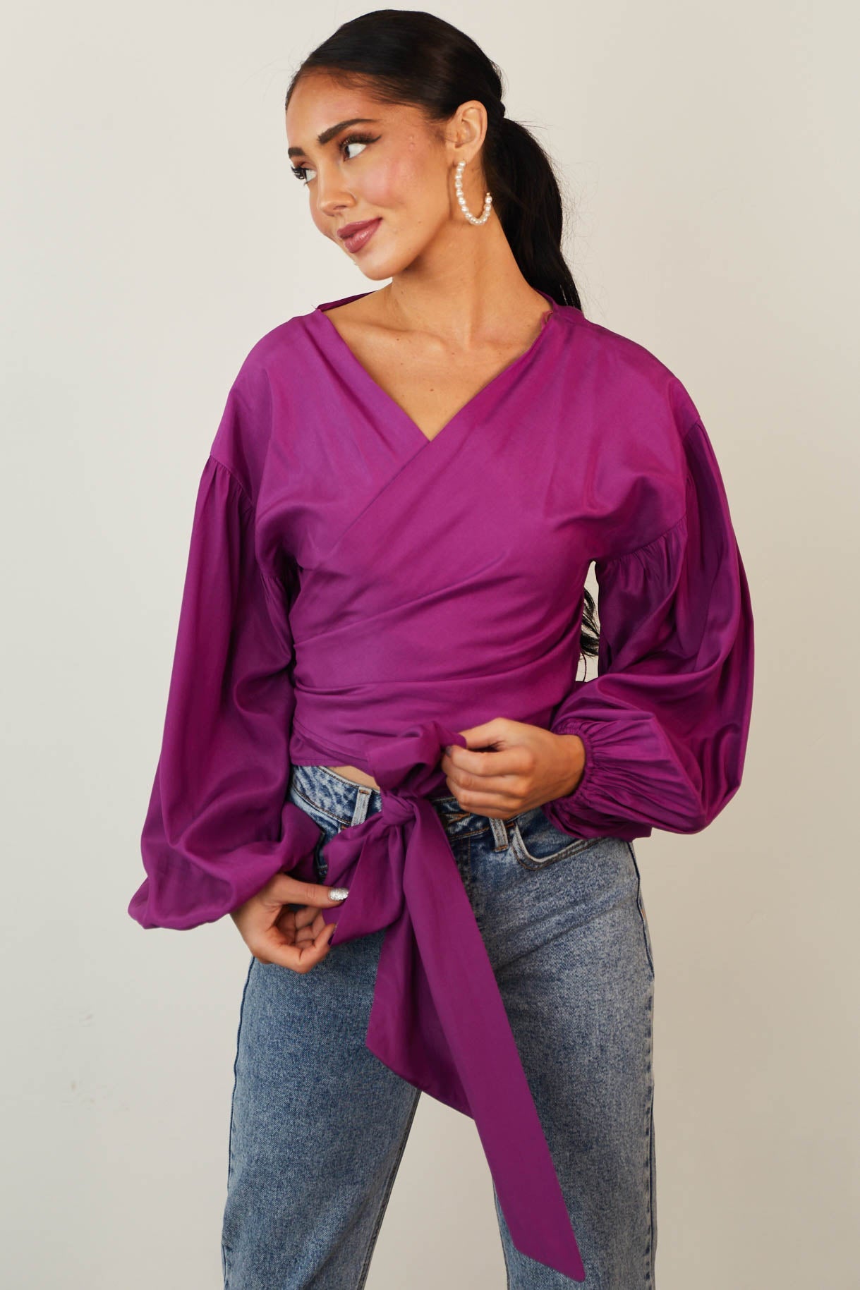 Plum Long Sleeve Wrap Tie Surplice Woven Top