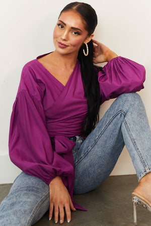 Plum Long Sleeve Wrap Tie Surplice Woven Top