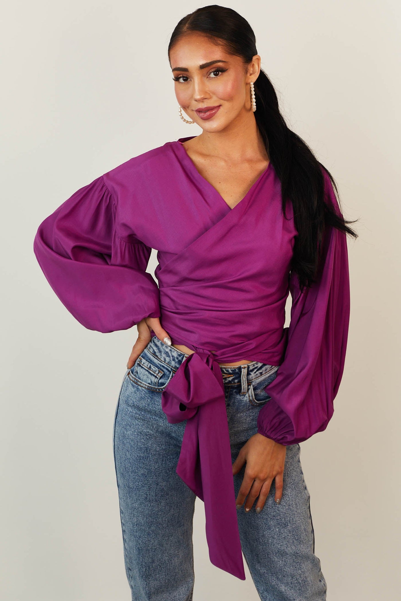 Plum Long Sleeve Wrap Tie Surplice Woven Top