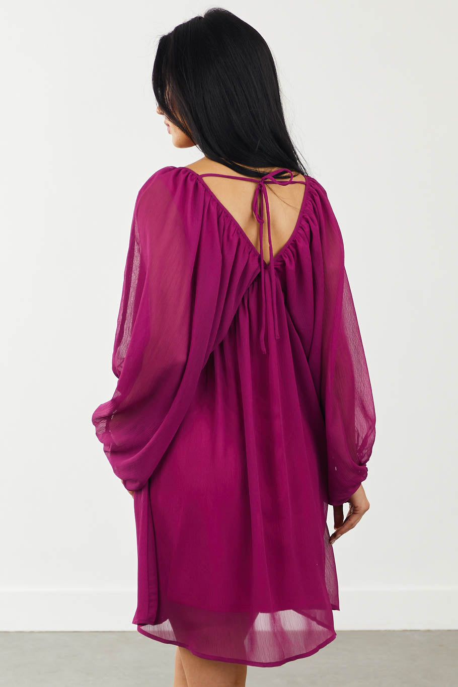 Plum V Neckline Long Sleeve Woven Mini Dress