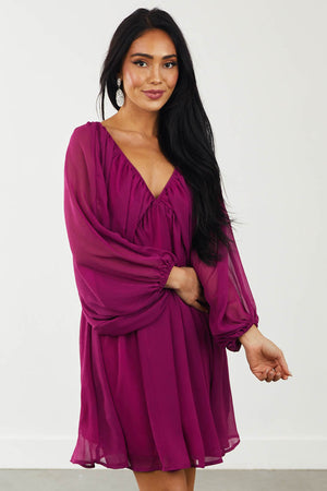 Plum V Neckline Long Sleeve Woven Mini Dress