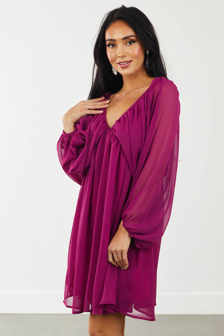 Plum V Neckline Long Sleeve Woven Mini Dress