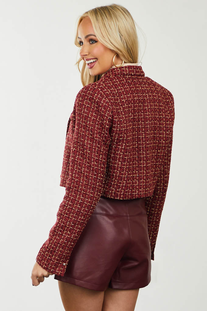 Pomegranate Cropped Woven Tweed Jacket