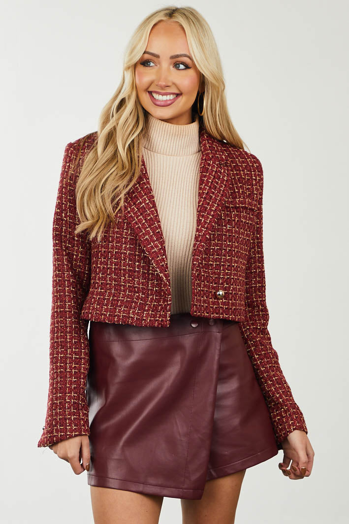 Pomegranate Cropped Woven Tweed Jacket