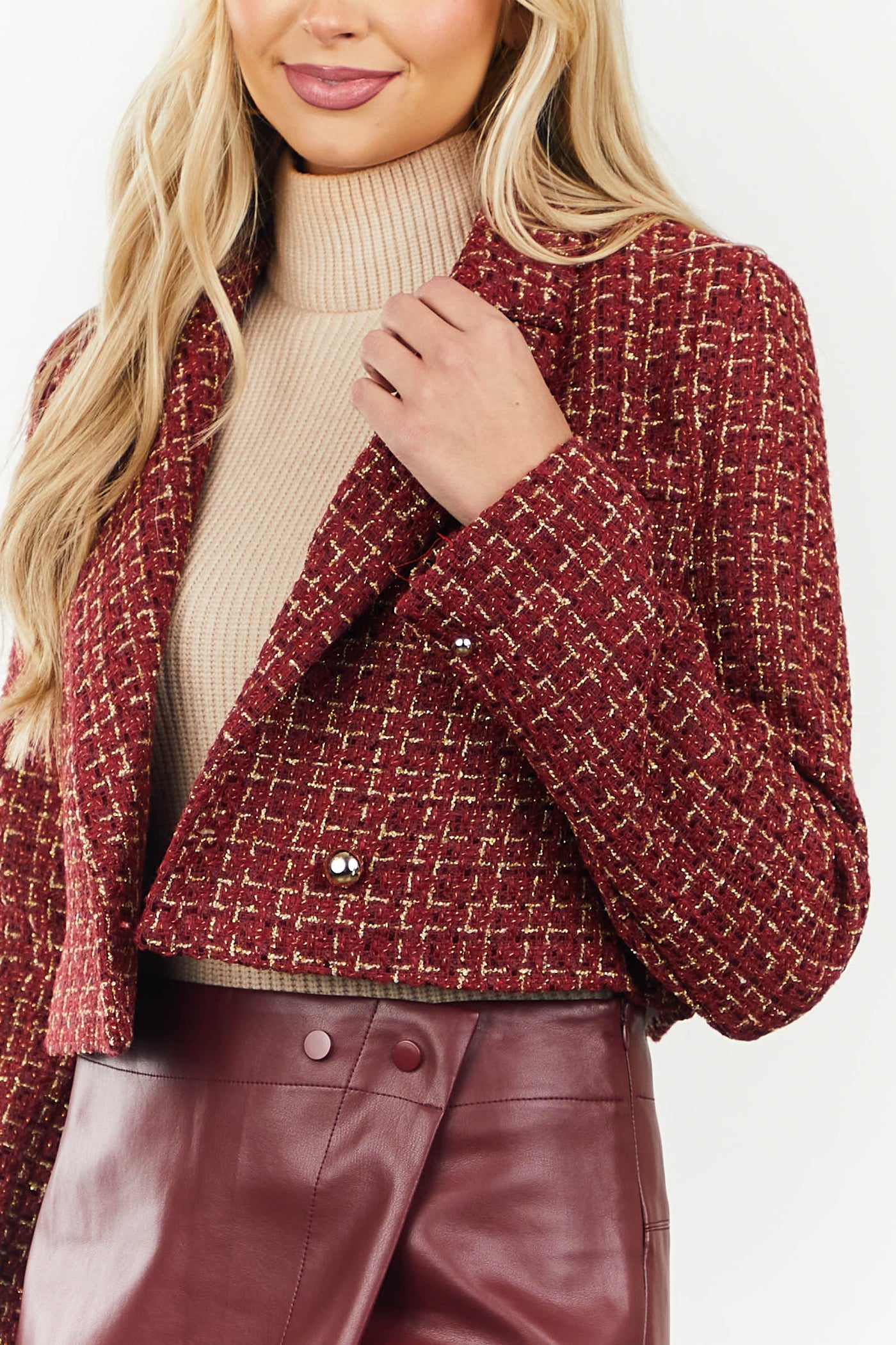 Pomegranate Cropped Woven Tweed Jacket