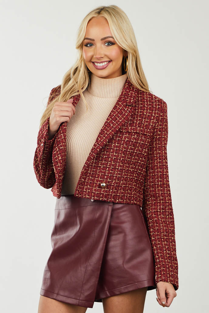 Pomegranate Cropped Woven Tweed Jacket