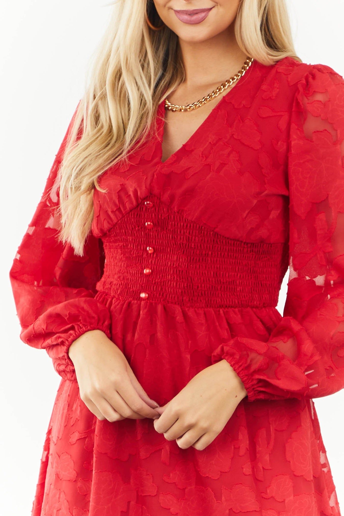 Pomegranate Floral Lace Button Empire Waist Dress