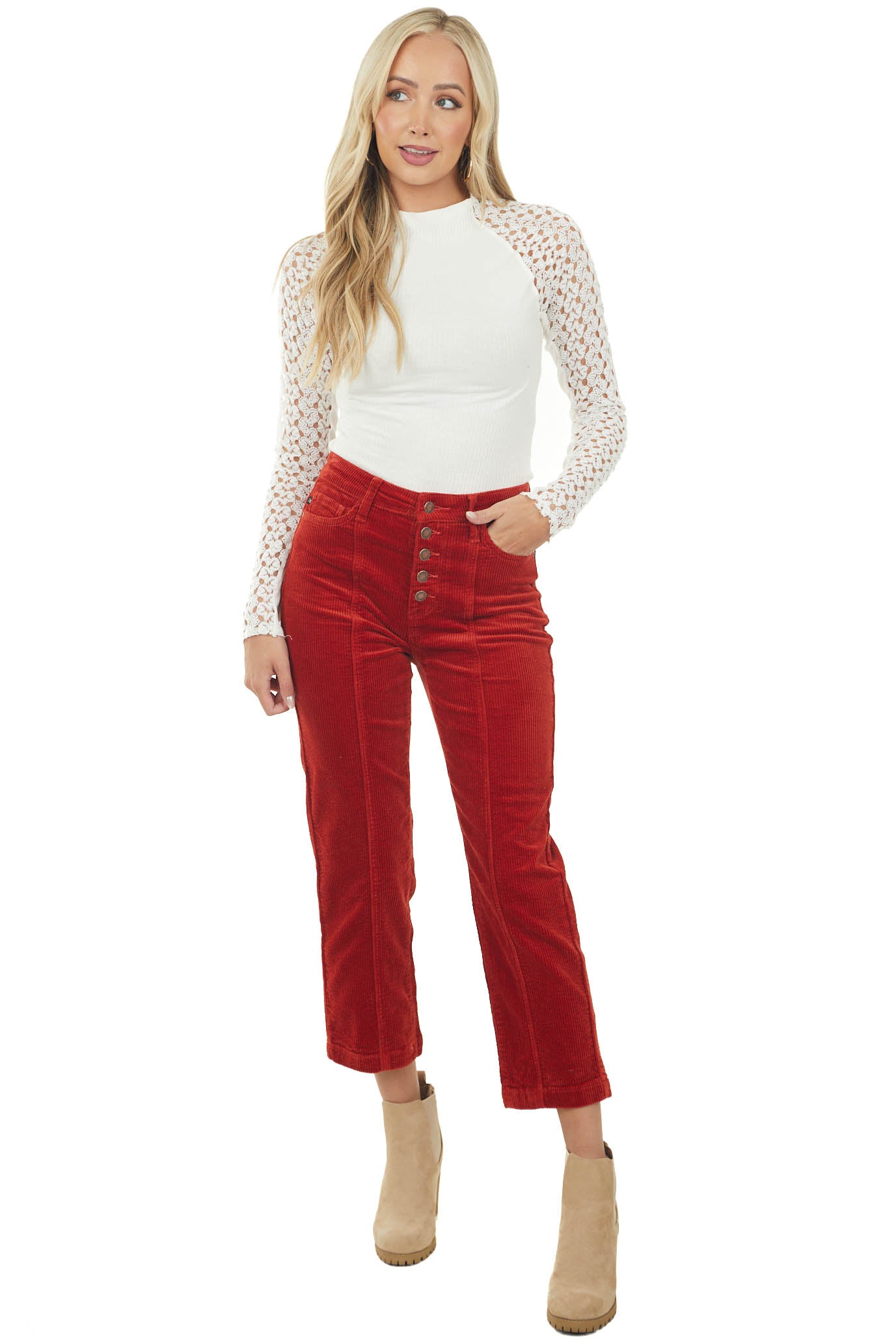 Pomegranate High Rise Straight Leg Corduroy Pants